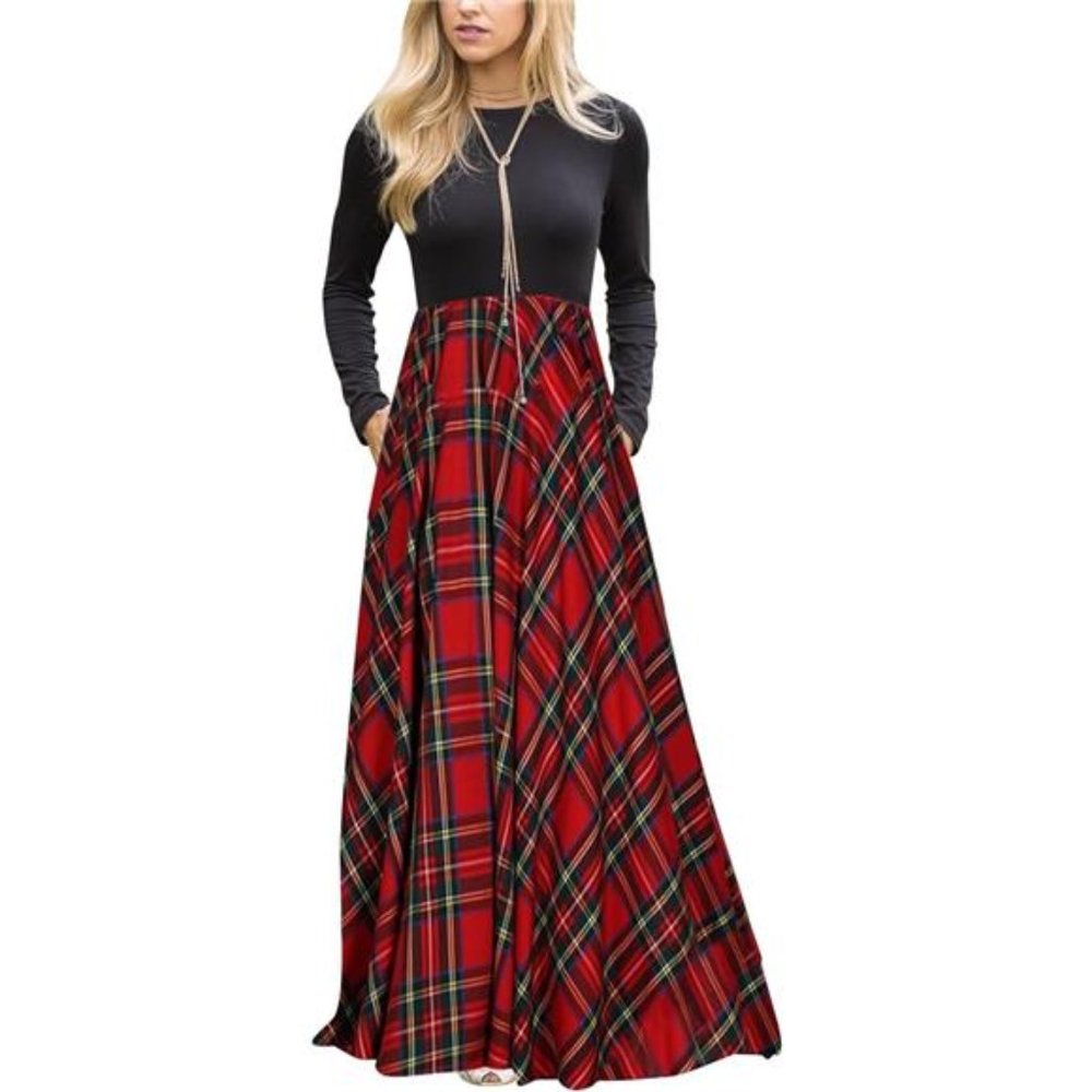 Women's Long Sleeve Plaid Empire Waist Full Length Maxi Dress with Pockets